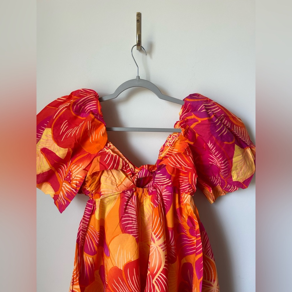 Farm Rio Orange pink floral Puff Sleeve Off the Shoulder mini Dress - Picture 2 of 8
